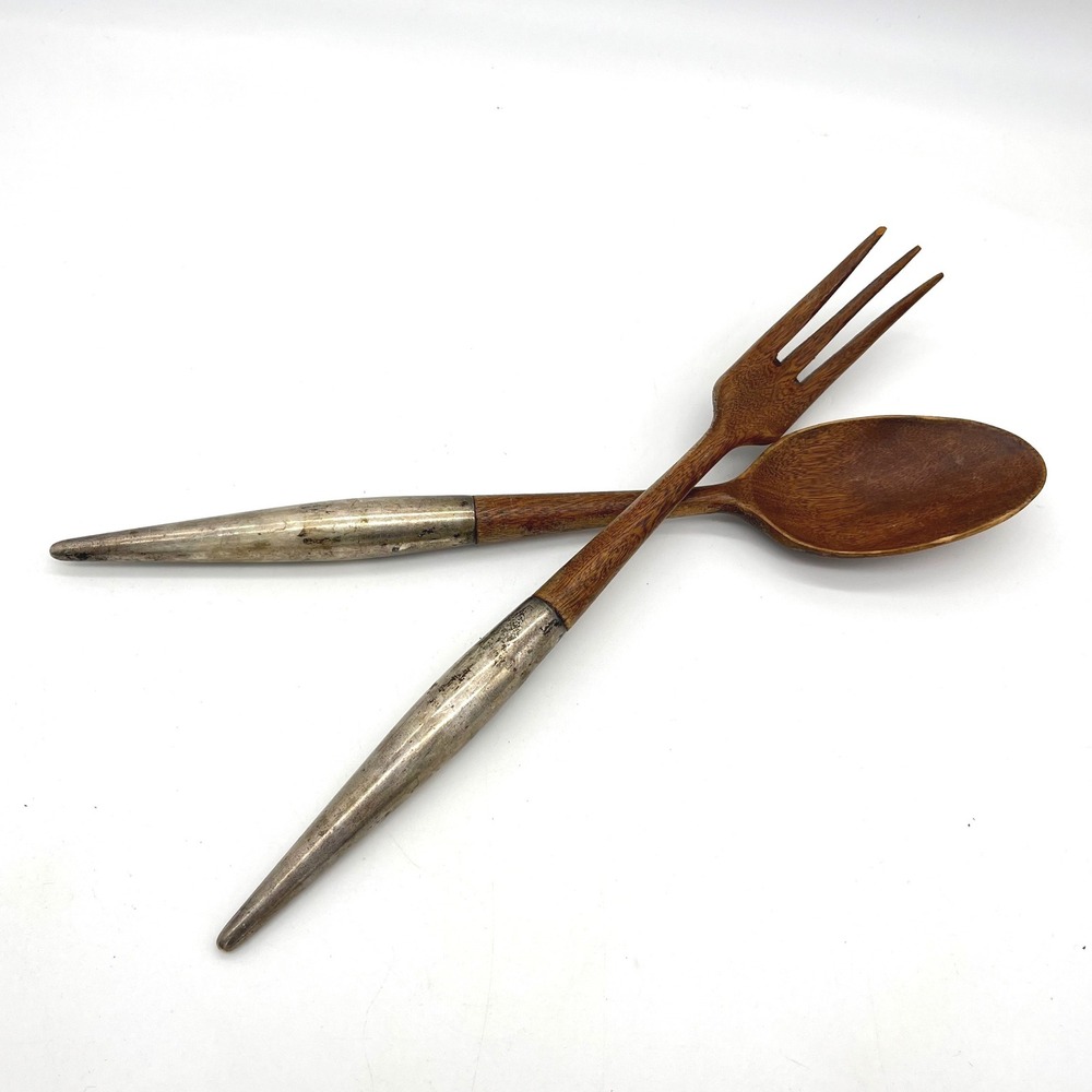 Vintage Mid Century Modern Teak Wood and Sterling Silver Salad Serving Set